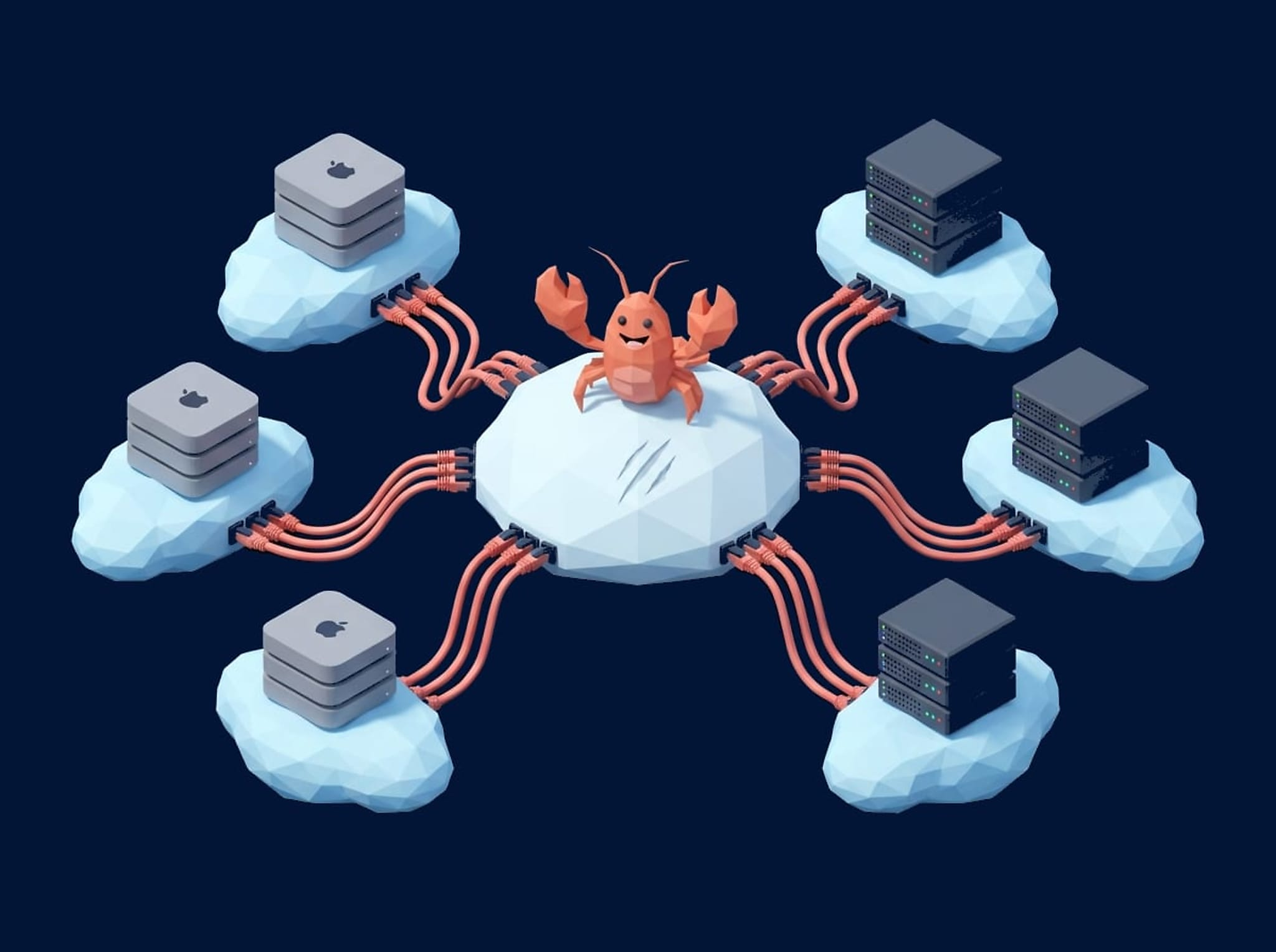 Lobstercloud.ai network illustration showing a lobster connected to Mac Minis and servers